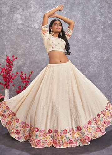 Amazing Georgette Floral Thread Work Beige Lehenga Choli Set